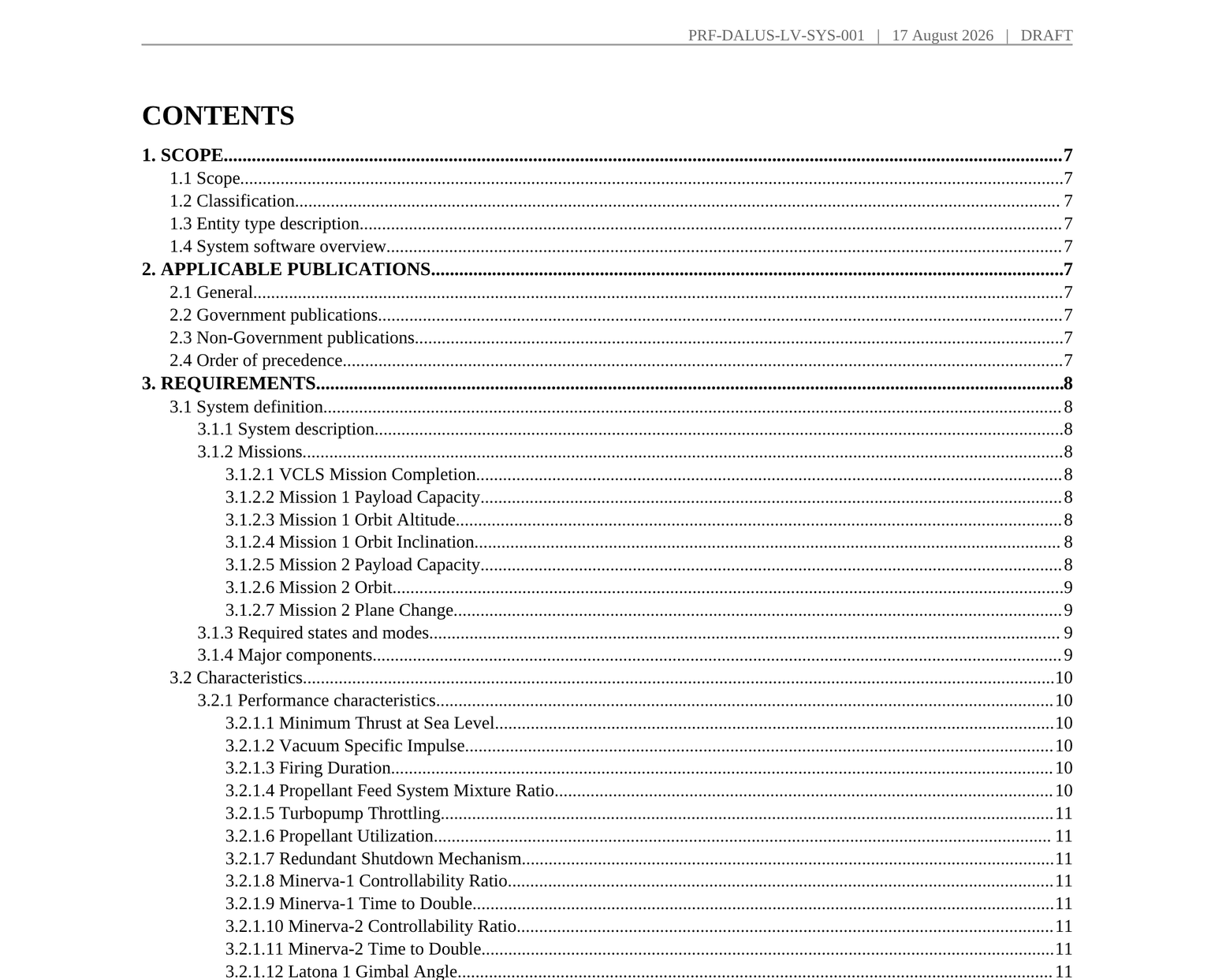 The contents page of a generated MIL-STD-961E system specification, showing the standard's fixed sections: Scope, Applicable publications, and Requirements with decimal paragraph numbering.