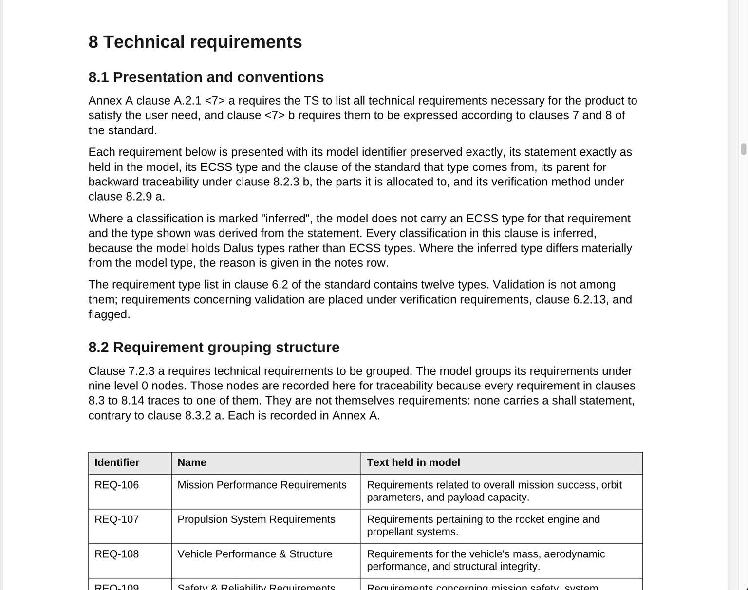 Clause 8 of a generated technical requirements specification, showing the presentation conventions and the requirement grouping structure table.