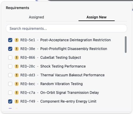 Image: assign requirement popover for selecting system assignment