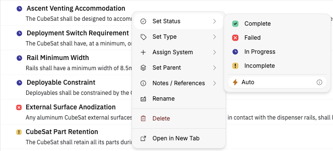 Image: requirement context menu showing Set Status, Set Type, Assign System, Set Parent