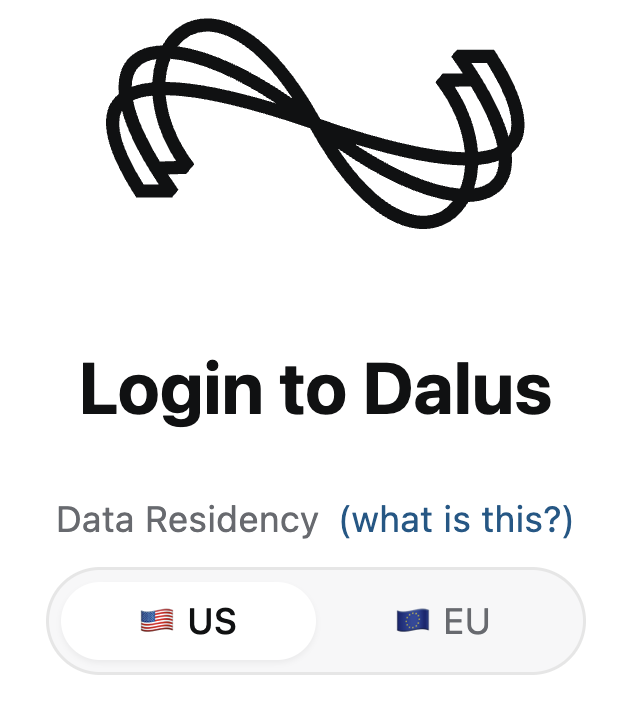 Image: login screen showing data residency options for US and EU